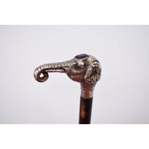 Cane With Elephant Head Knob Silver Bronze Amethyst Silver England Late 19th Century