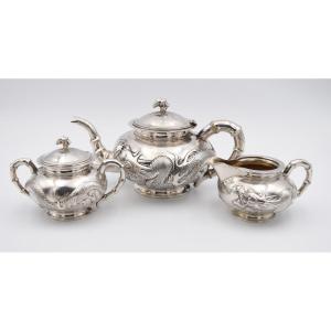 Tea Coffee Service In Sterling Silver China Circa 1900 Decorated With Bamboos And Dragons Tuck Chang