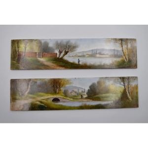 2 Porcelain Plates From Paris Model Of Rotating Decor Animated Landscape 19th