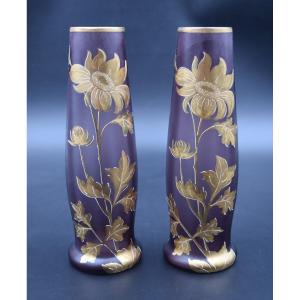 Pair Of Art Nouveau Vases In Tinted Glass Decorated With Golden Flowers