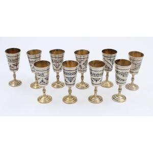 10 Russian Silver Vodka Cups Nielloed 875 Vintage Russian Hallmark