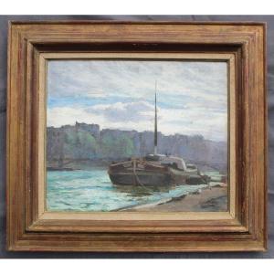 André Jallot Oil Painting On Canvas Signed "barge On The Seine Paris"