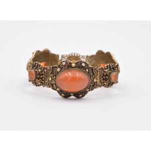 Antique Chinese Silver And Carnelian Bracelet