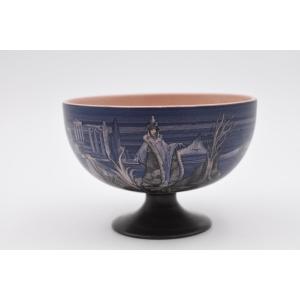 Ceramic Footed Bowl Atelier Barocco J Massard R Tarone 1982 Unique Piece Blue Background