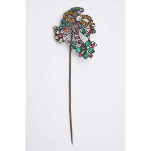 Silver & Multicolored Rhinestone Hat Pin Decorated With Giardinetti, Late 19th Century