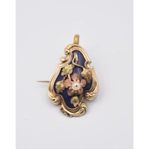 19th Century Brooch In Gold Vermeil, Blue Enamel And Pearl