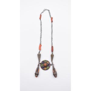 Antique Silver Coral Enamel Necklace North Africa Kabyle Berber Tiznit