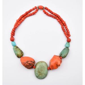 Coral And Turquoise Choker Necklace With Silver Clasp