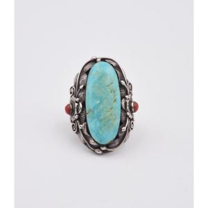 Large Silver Coral Turquoise Navajo Native American Ring Size 62 Adjustable