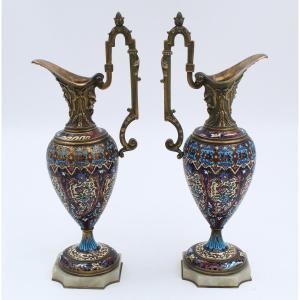 Pair Of Bronze And Cloisonné Enamel Vases With Mythological Motifs