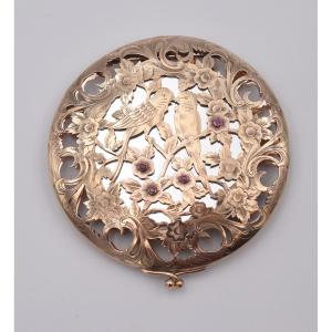 Boucheron Powder Compact In Ruby Vermeil Silver Decorated With Lovebirds And Flowers