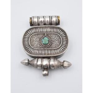Antique Large Gau Tibet Nepal Pendant In Turquoise Silver And Brass