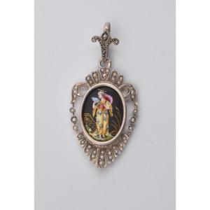 Antique Silver Pendant With Pearls And Porcelain, Japanese Geisha Decor