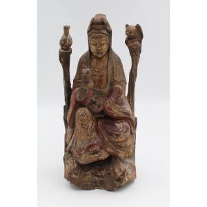 China Old Wooden Statue Guanyin And Child 18th / 19th Century