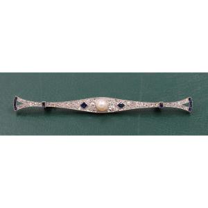 Gold And Platinum Barrette Brooch With Diamond And Sapphire, Circa 1930