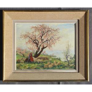 Oil On Panel "shepherdess Tending The Flock Of Goats" Painted By Théophile Mayan, Signed