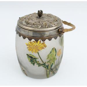 Acid-etched Glass Biscuit Jar With Montjoye Flowers, Legras Circa 1900