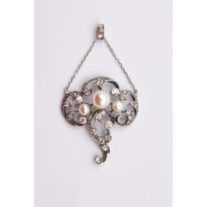 Antique Belle époque Pendant, Circa 1900, Silver, Pearls And Rhinestones