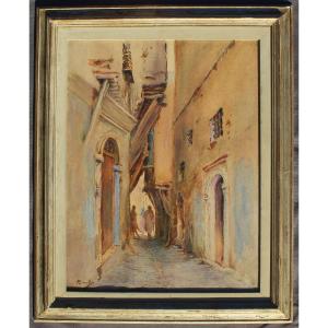 Painting, Drawing, Watercolor On Paper, "street Scene Of Algiers," Signed A. Birck