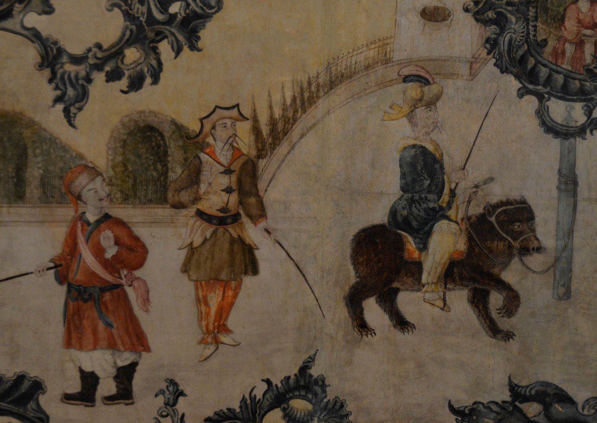 Carta dipinta a chinoiserie applicata su tela, Piemonte, sec. XVIII.-photo-2