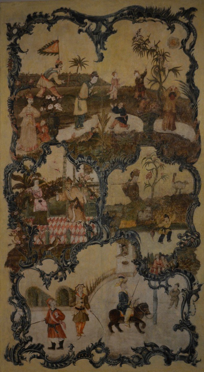 Carta dipinta a chinoiserie applicata su tela, Piemonte, sec. XVIII.