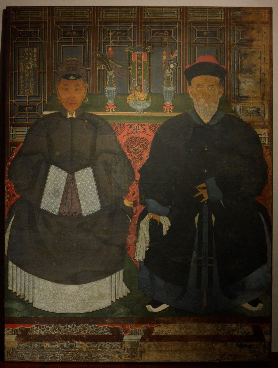 Ritratto di dignitari, tecnica mista su tela, Cina, sec. XIX.