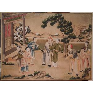 Carta dipinta a chinoiserie applicata su tela, sec. XVIII.