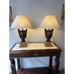 Pair Of Crater-shaped Lamps In Bronze