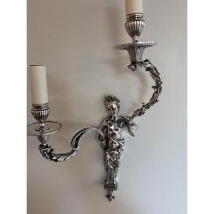 Large Pair Of Silver-plated Bronze Wall Lights
