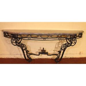 Large Console In Wrought Iron And Marble - 19th Century