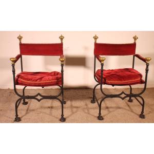 Pair Of Wrought Iron And Bronze Curule Armchairs