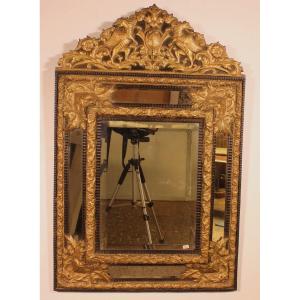 Mirror With Sculpted Coper And Ebony Wood Decoration - Early 19th Century