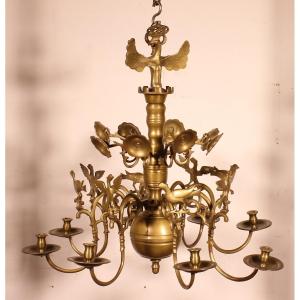 Renaissance Bronze Chandelier With 8 Light Arms Decorated With Birds