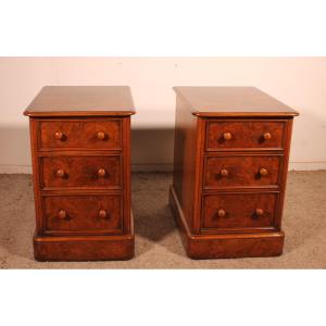 Pair Of Walnut And Burl Walnut Bedside Tables - 19th Century