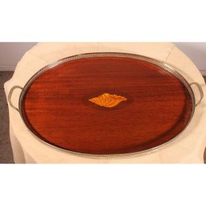 19th Century Silver-plated Metal And Mahogany Tray