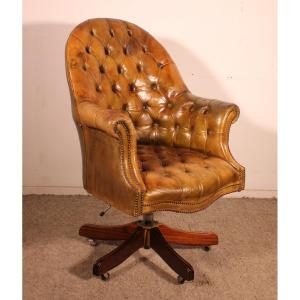 Desk Chair Chesterfield Style In Mahogany And Cognac Leather