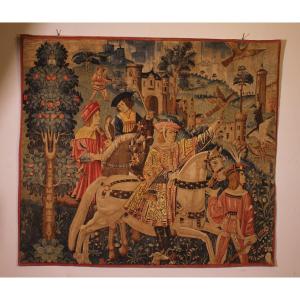 Tapestry Depicting A Falconry Scene Gothic Style - 19th Century