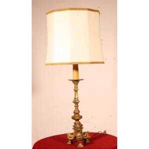 18th Century Bronze Candle Holder Mounted As A Lamp With Its Parchment Lampshade