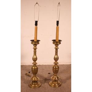 Pair Of Italian Renaissance Style Bronze Candlestick Floor Lamps
