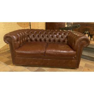 Brown Leather 2-seater Chesterfield Sofa