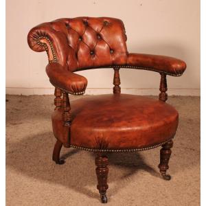 Small Armchair In Mahogany And Leather From England - 19th Century