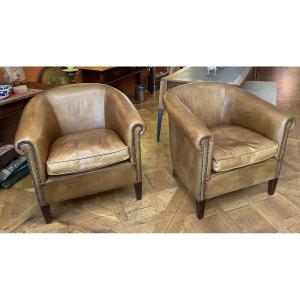 Pair Of Camel-colored Leather Club Chairs