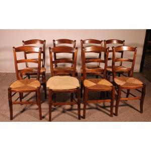 Set Of 8 Straw Chairs In Cherry Wood