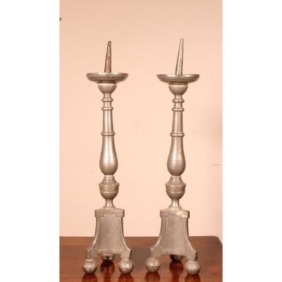 Pair Of Louis XIV Flambeau In Pewter 18siècle