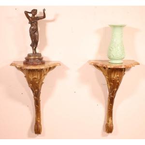 Pair Of Small Louis XV Consoles From The 19th Century With Marble