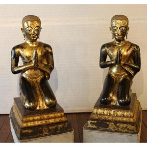 Large Pair Of Monk In Bronze-18 ° Century-ayuttheya Period