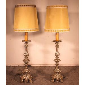 Pair Of Italian Torcheres In Silver Wood Early 19th Century