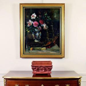 Bouquet Of Flowers With A Model Boat By Armand Drouant 1940