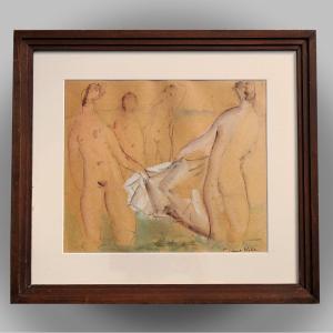 The Bathers Art Deco Watercolor Drawing By P. Ernest Kohe