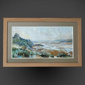 Alexandre Nozal Gouache Saint Briac Animated Seaside 33x65 Cm